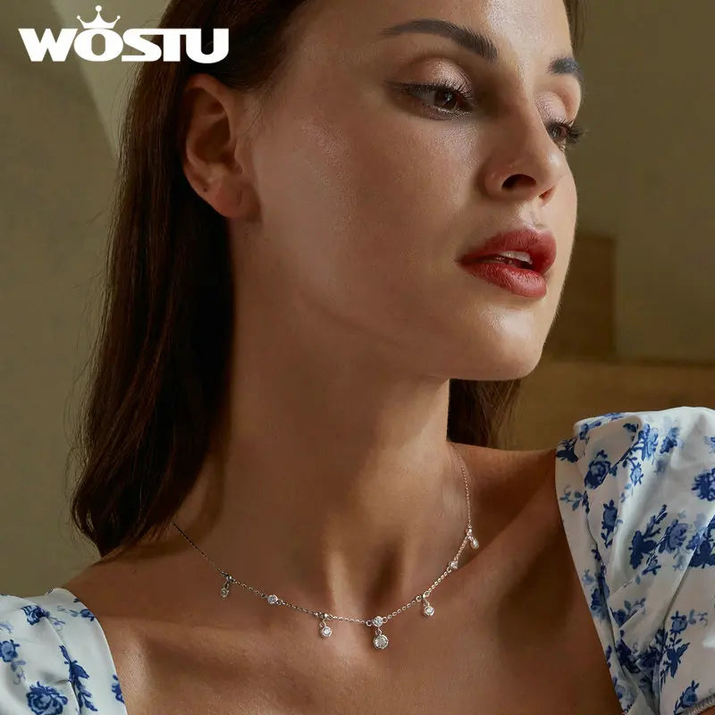 WOSTU Echte 925er-Sterlings-Hochzeits-Stapelbare Herz-Quasten-Halskette, runde Zirkon-Kette, funkelnde Y-Kettenglieder, stapelbarer Schmuck