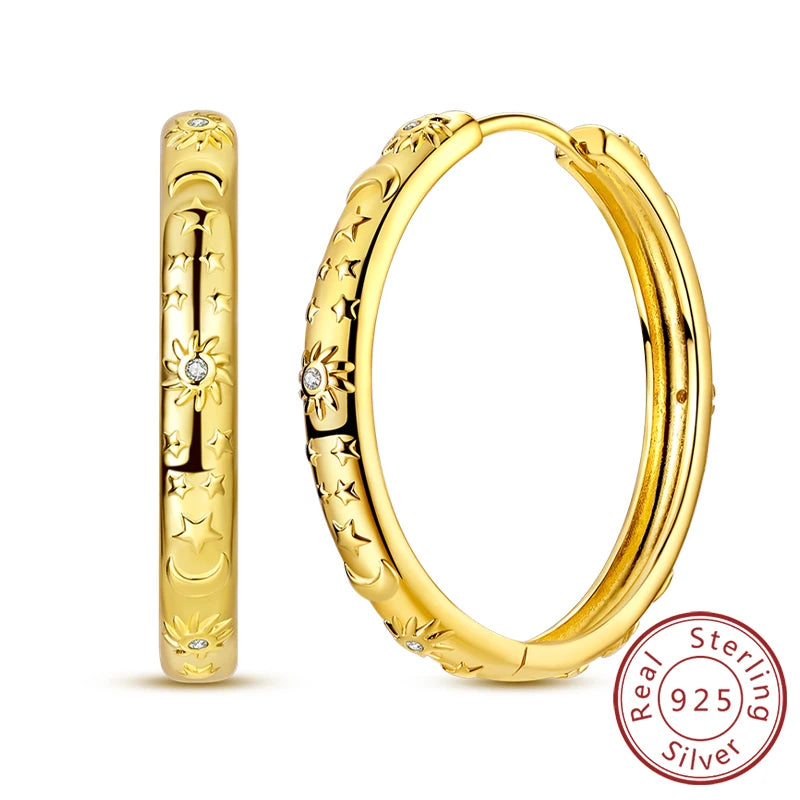 Neue Creolen aus 925er-Sterlingsilber, Gold, Gold, funkelnde Sonne, Mond, Stern, Ohrringe, Ohrstecker, Tropfen für Frauen, Mädchen, Party, edler Schmuck, Geschenk