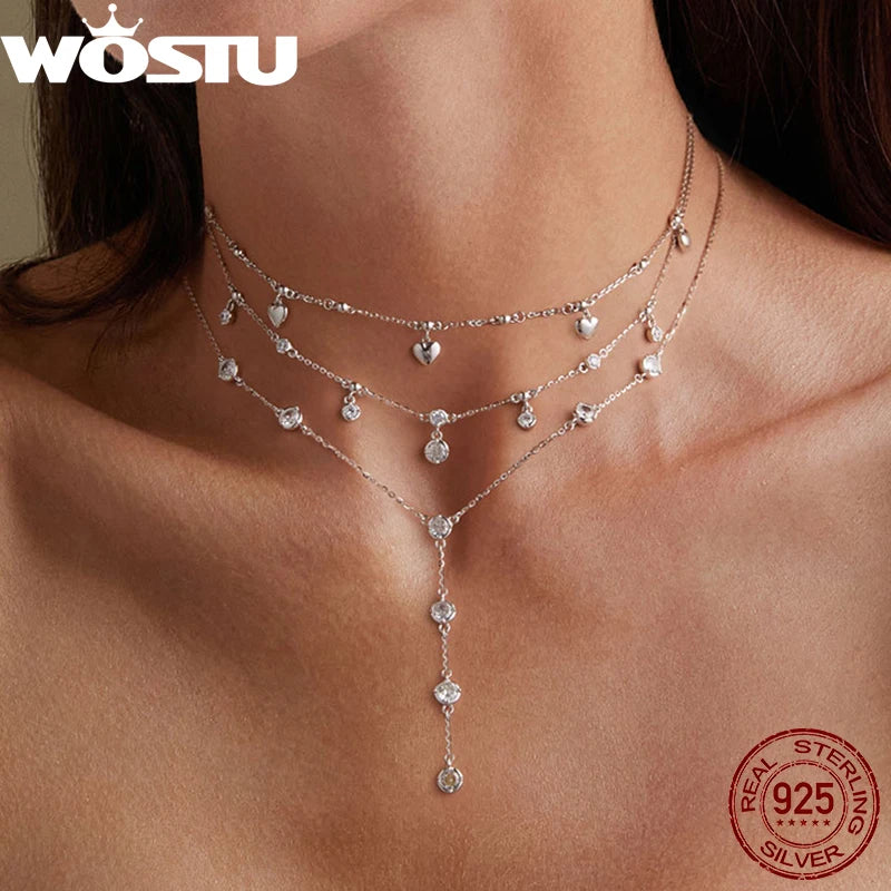 WOSTU Echte 925er-Sterlings-Hochzeits-Stapelbare Herz-Quasten-Halskette, runde Zirkon-Kette, funkelnde Y-Kettenglieder, stapelbarer Schmuck