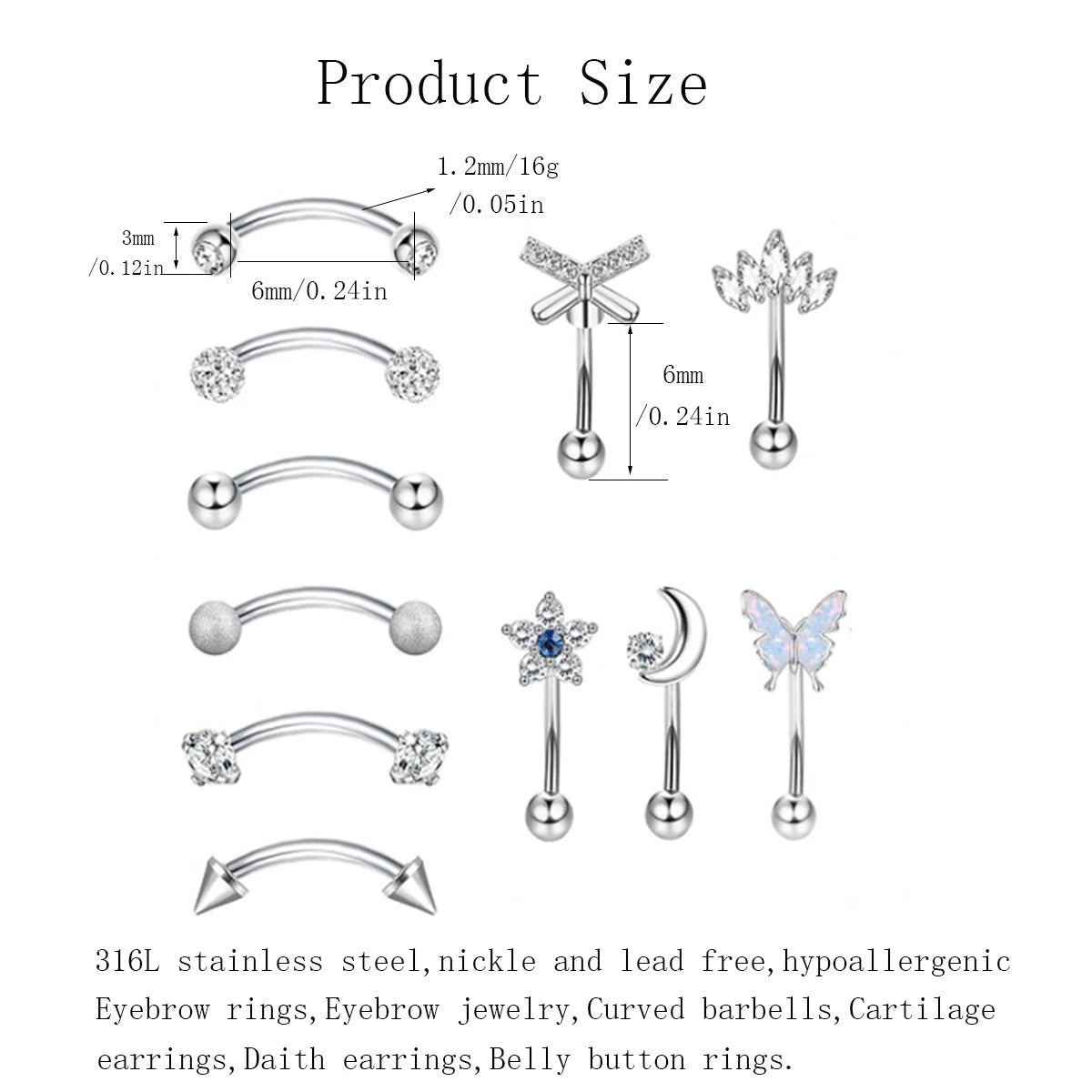 11er Set Hypoallergener Piercing Schmuck Edelstahl fur Knorpel und Augenbraue