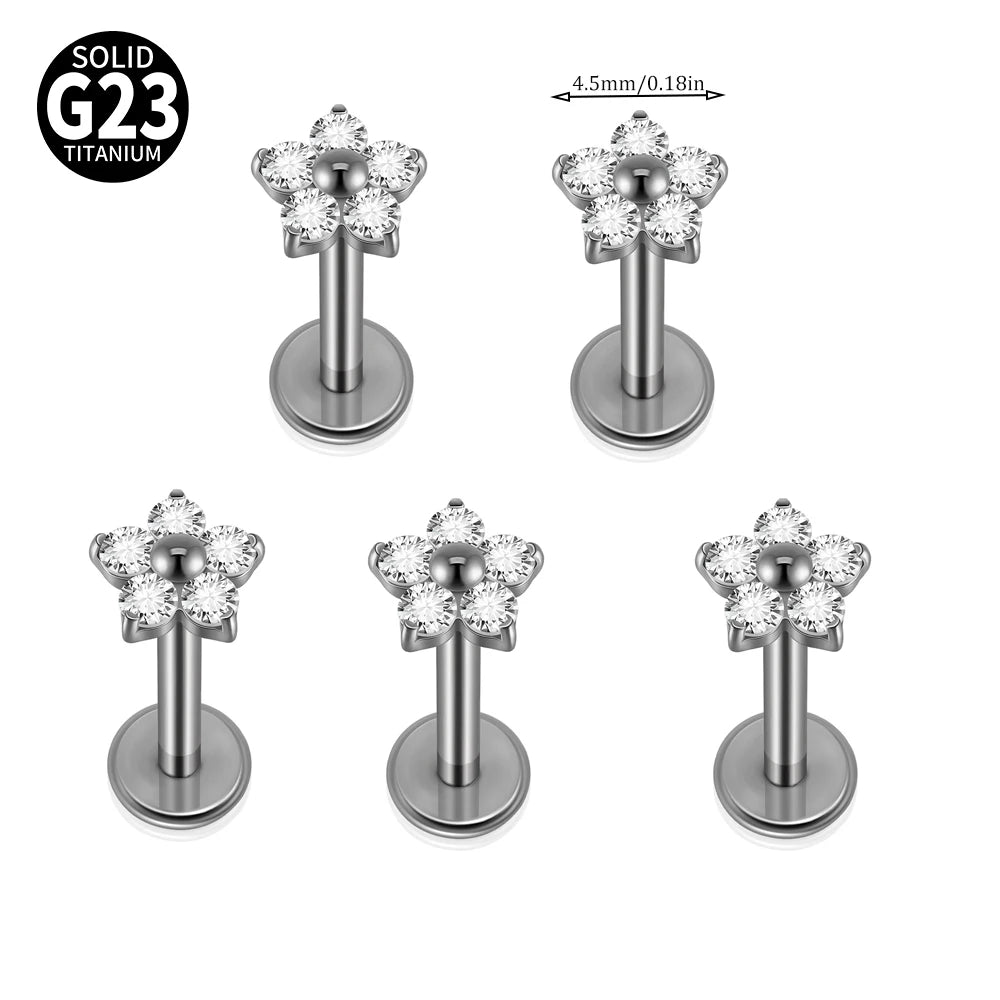 1/5PCS F-136 Implantat Titan Verschiedene Größe Blume Zirkonia Labret 16G Innengewinde Knorpel Helix Lappen Ohrring Piercing