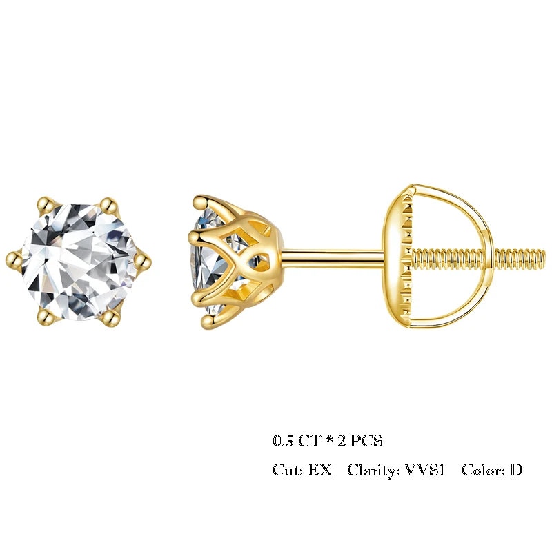 Bamoer U Gold-Moissanit-Ohrstecker, Ohrringe mit Schraubverschluss, Edelstein, Diamant, 6 Zinken, D-Farbe, Solitär für Frauen, Hochzeitsgeschenk