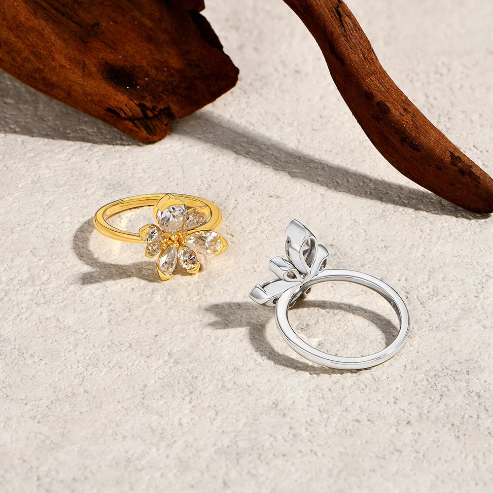 ATTAGEMS Luxus-Damenring aus 925er-Sterlingsilber, Blumen, DVVS1, Moissanit, Birnenschliff, klassisches Band, Verlobung, Hochzeit, edler Schmuck
