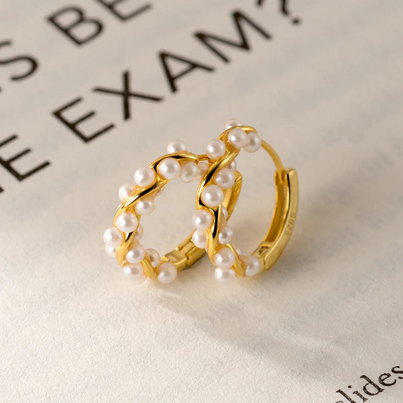 Moidan Creolen aus 925er-Sterlingsilber mit Charm-Schnur und Perlen, trendige goldfarbene Ohrschnalle für Frauen, Hochzeit, edler Schmuck, Geschenke