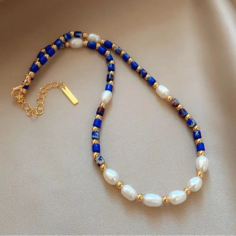 Neue Ankunft 100% Natürliche Süßwasser Perle & Lapis Lazuli Stein 14K Gold Gefüllt Weibliche Perlen Kette Halskette Schmuck Für frauen