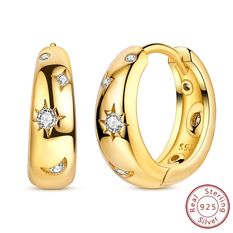 Neue Creolen aus 925er-Sterlingsilber, Gold, Gold, funkelnde Sonne, Mond, Stern, Ohrringe, Ohrstecker, Tropfen für Frauen, Mädchen, Party, edler Schmuck, Geschenk