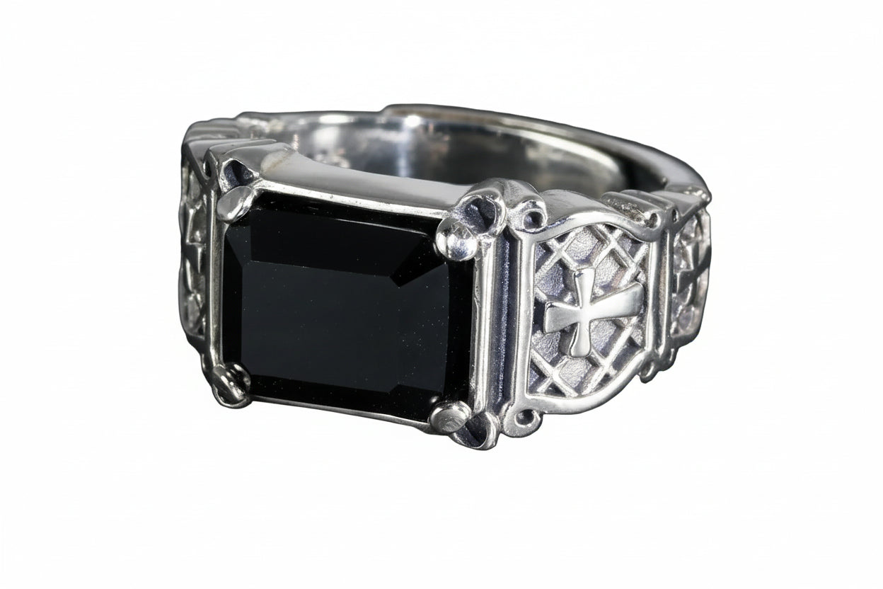 925er Silber-Siegelring mit Onyx – Christliche Kreuzgravur im Vintage-Punk-Look