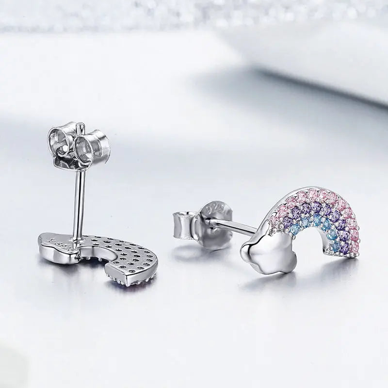 Bamoer Luxus-Ohrringe für Mädchen aus 925er-Sterlingsilber, Regenbogen-Schmetterling, niedlich, schick, lustig, Ohrstecker, Original für Damen, Party, edler Schmuck