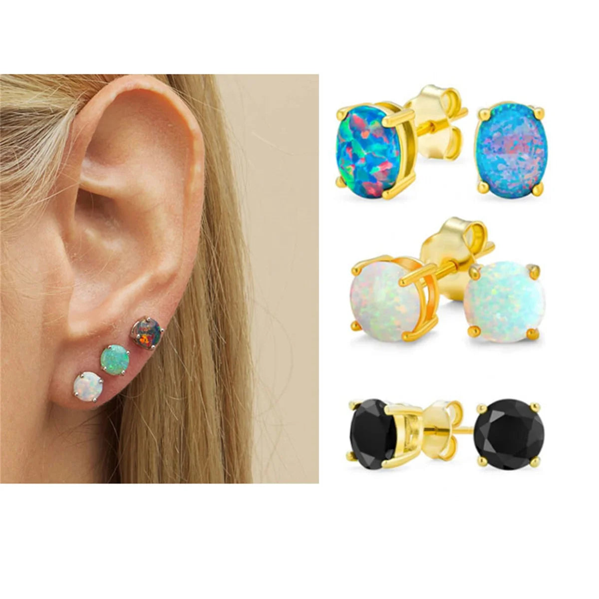 2 Stück modische, elegante 18 Karat vergoldete Opal-Ohrstecker für Damen, exquisites Edelstahl-Schmuckgeschenk