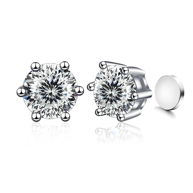 Piercingfreie magnetische Ohrstecker mit sechs Krallen, 1 Karat Moissanit-Ohrringe für Damen und Herren, Original-Schmuck aus 925er Sterlingsilber