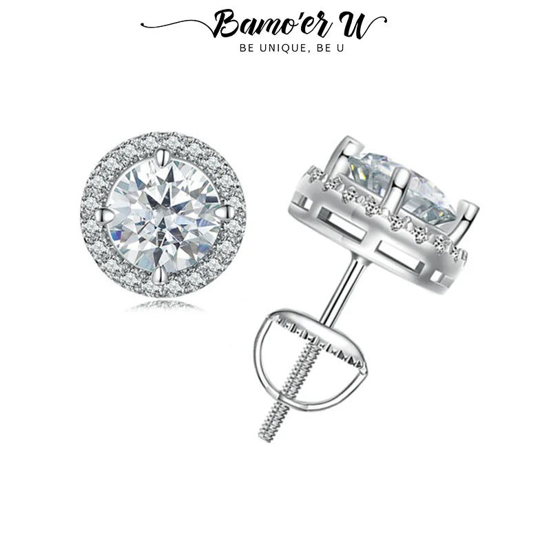 Bamoer U 0,5/1 CT Moissanit-Halo-Ohrringe, 925er Sterlingsilber, 4 Zinken, Ohrstecker, Rundschliff, für Frauen, Verlobungsgeschenk, edler Schmuck