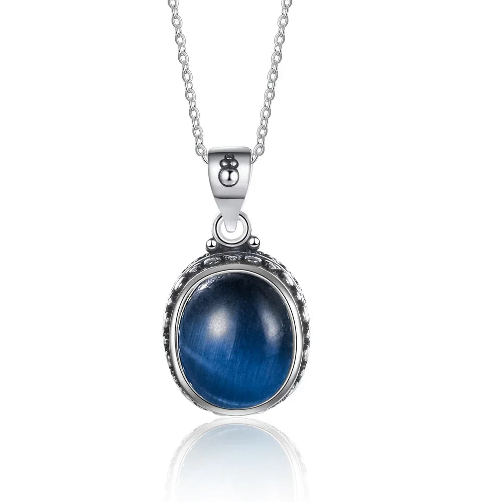 Vintage-Ohrring aus 925er-Sterlingsilber, ovaler natürlicher Kyanit-Stein, Mondstein, Labradorit, Creolen mit Halskette, Set für Frauen