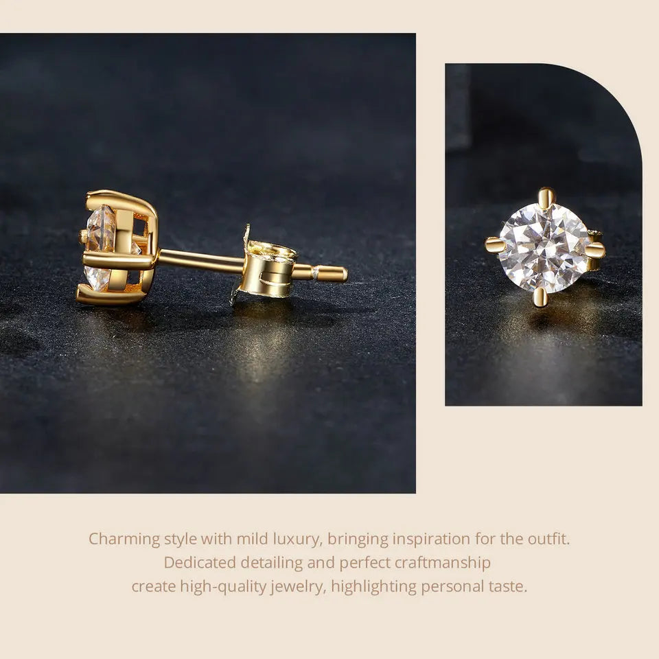 BAMOER vergoldete runde Moissanit-Ohrstecker für Damen, 925er Sterlingsilber, klassischer Verlobungs- und Hochzeitsschmuck, Geschenk MSE038