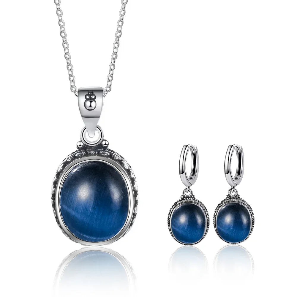 Vintage-Ohrring aus 925er-Sterlingsilber, ovaler natürlicher Kyanit-Stein, Mondstein, Labradorit, Creolen mit Halskette, Set für Frauen