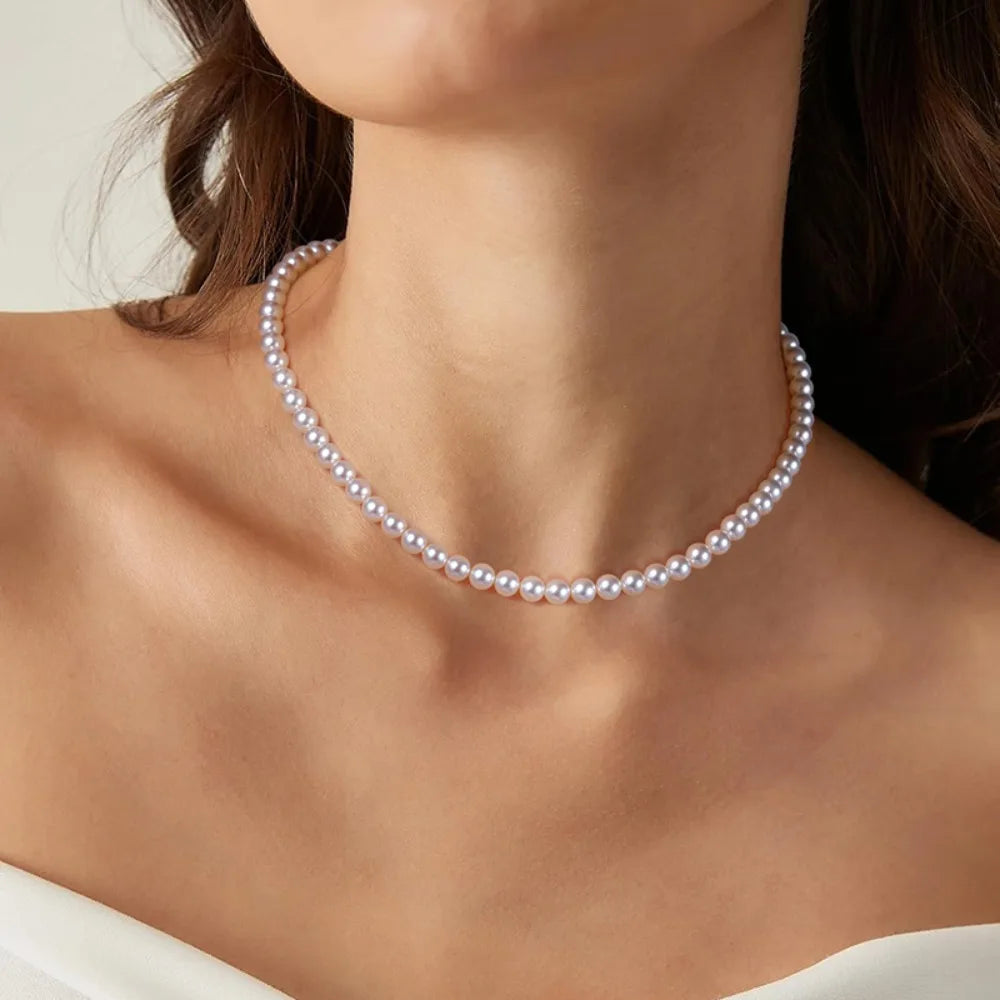 Trumium Vintage Elegante 6/8/10mm Weiße Perle Kette Choker Halskette für Frauen Hochzeit Party Mode Einfache schmuck Giris Geschenk