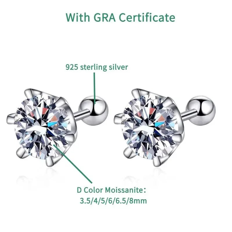 TY 0,3-2CT Moissanit-Ohrringe, 925er-Sterlingsilber, runder Schliff, Ohrstecker, Piercing-Ohrringe für Männer und Frauen, edler Schmuck