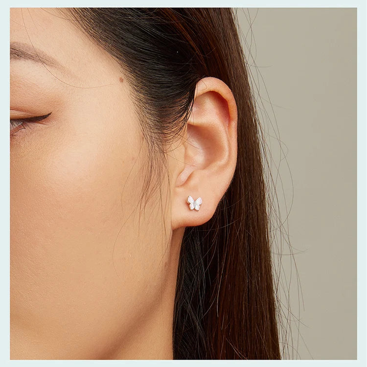 Bamoer Luxus-Ohrringe für Mädchen aus 925er-Sterlingsilber, Regenbogen-Schmetterling, niedlich, schick, lustig, Ohrstecker, Original für Damen, Party, edler Schmuck