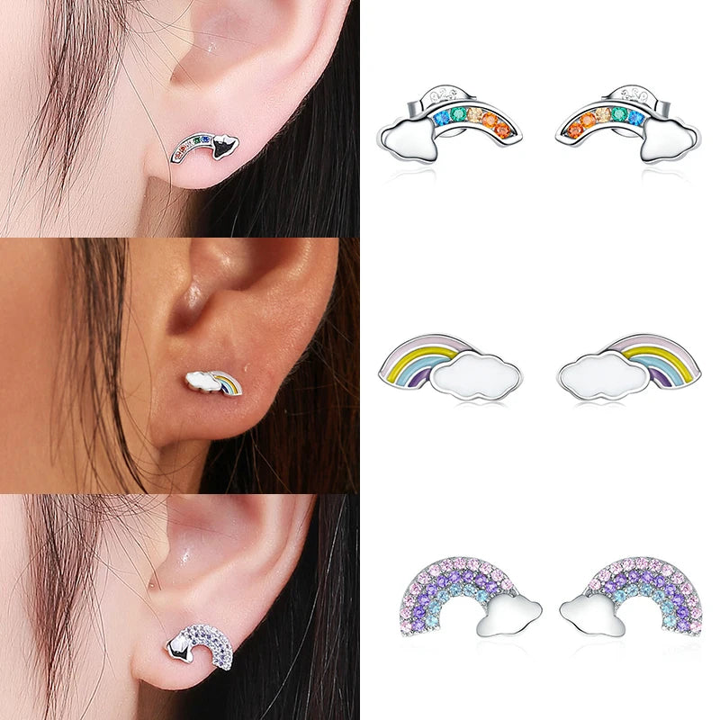 Bamoer Luxus-Ohrringe für Mädchen aus 925er-Sterlingsilber, Regenbogen-Schmetterling, niedlich, schick, lustig, Ohrstecker, Original für Damen, Party, edler Schmuck