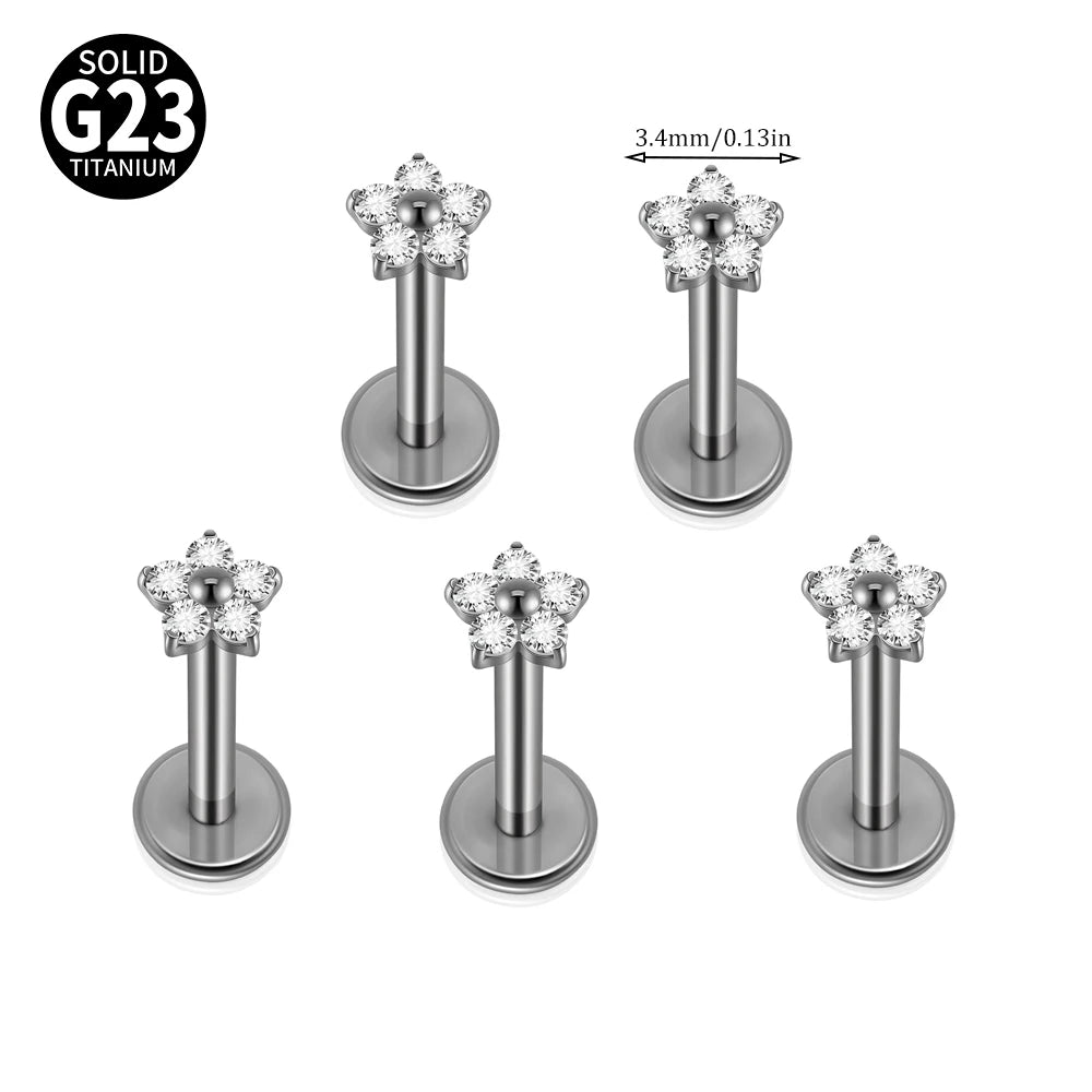 1/5PCS F-136 Implantat Titan Verschiedene Größe Blume Zirkonia Labret 16G Innengewinde Knorpel Helix Lappen Ohrring Piercing