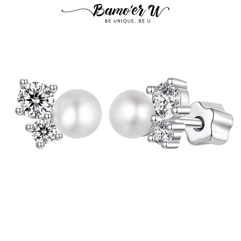 Bamoer U Moissanit-Ohrstecker, natürliche Süßwasserperlen-Ohrringe, Original für Damen, Luxus-Schmuck, Geschenk, 925er Sterlingsilber