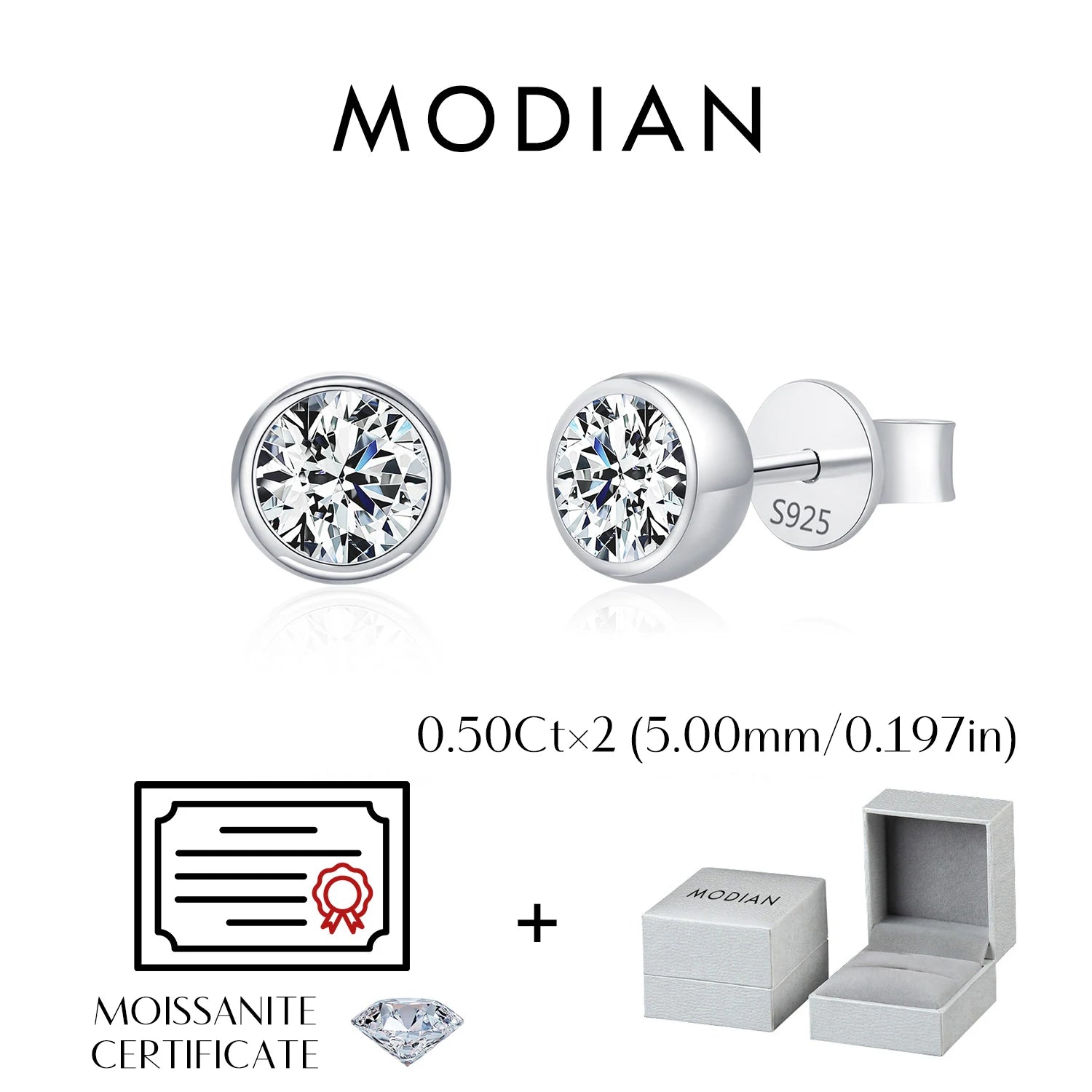 MODIAN 1CT/2CT D Farbe Lünette Moissanit Ohrringe 925 Sterling Silber Klassische Runde Stud Ohrringe Für Frauen Hochzeit Edlen schmuck