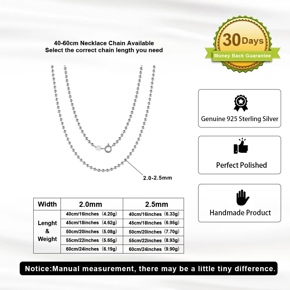 Rinntin Handgefertigte Halskette aus 925er-Sterlingsilber, modisch, 1,2 mm, Kugelperlenkette, 40/45/50/55/60 cm, für Damen, Kette, Schmuck, Geschenk SC24