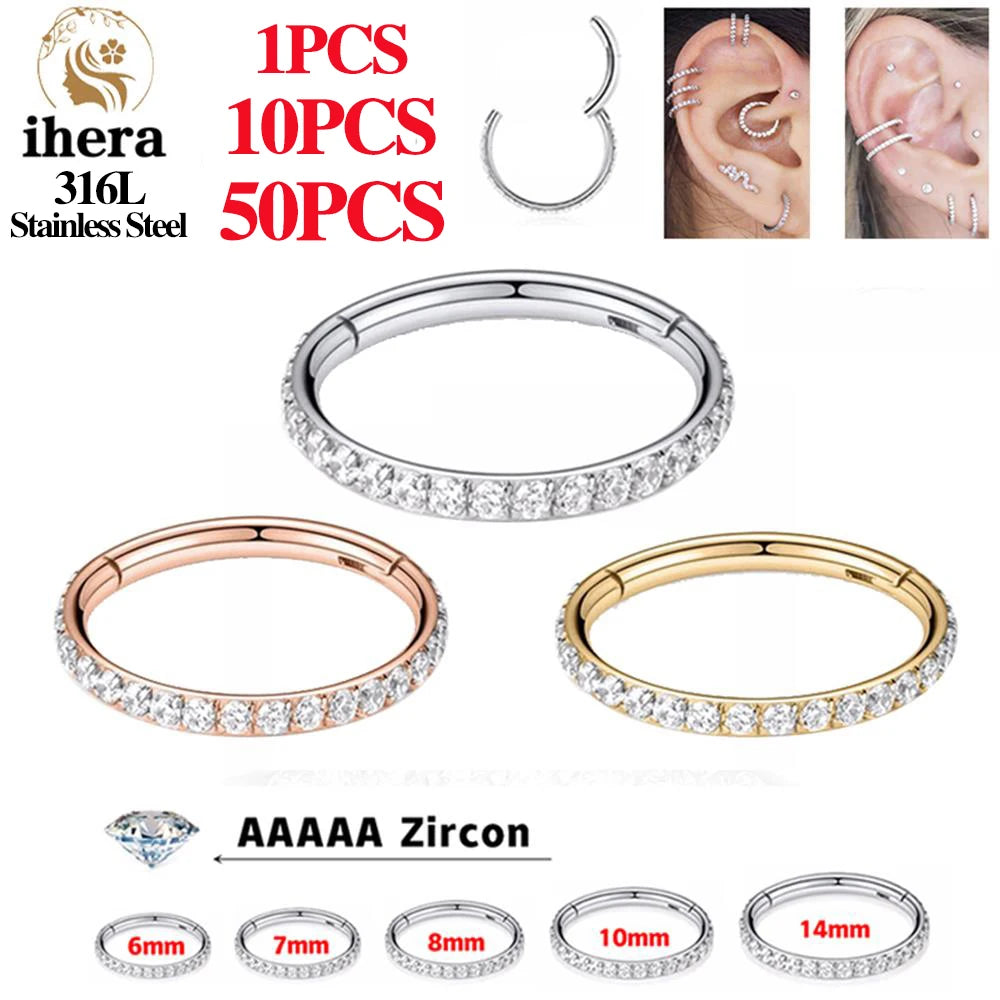 1/10/50PCS Edelstahl Zirkon Klapp Segment Nase Septum Clicker Ring Runde Ohrringe Hoops Ohr Tragus helix Piercing Schmuck