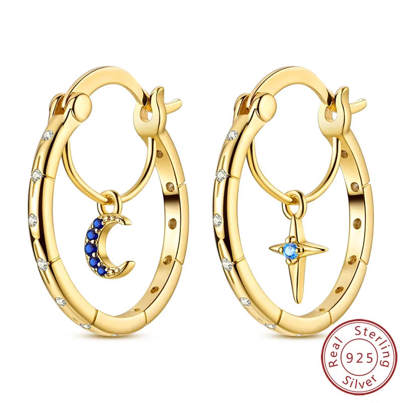 Neue Creolen aus 925er-Sterlingsilber, Gold, Gold, funkelnde Sonne, Mond, Stern, Ohrringe, Ohrstecker, Tropfen für Frauen, Mädchen, Party, edler Schmuck, Geschenk