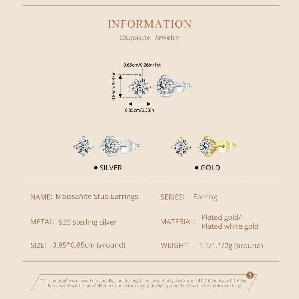 BAMOER vergoldete runde Moissanit-Ohrstecker für Damen, 925er Sterlingsilber, klassischer Verlobungs- und Hochzeitsschmuck, Geschenk MSE038