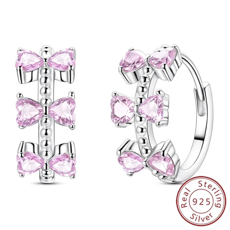 Creolen Neue Original 925 Sterling Silber Süße Herz Bogen Runde Zirkon Ohrstecker Für Frauen Mädchen Edlen Schmuck