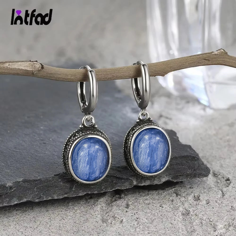 Vintage-Ohrring aus 925er-Sterlingsilber, ovaler natürlicher Kyanit-Stein, Mondstein, Labradorit, Creolen mit Halskette, Set für Frauen