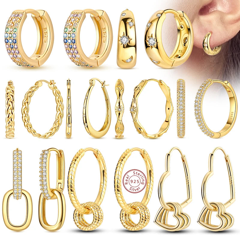 Neue Creolen aus 925er-Sterlingsilber, Gold, Gold, funkelnde Sonne, Mond, Stern, Ohrringe, Ohrstecker, Tropfen für Frauen, Mädchen, Party, edler Schmuck, Geschenk