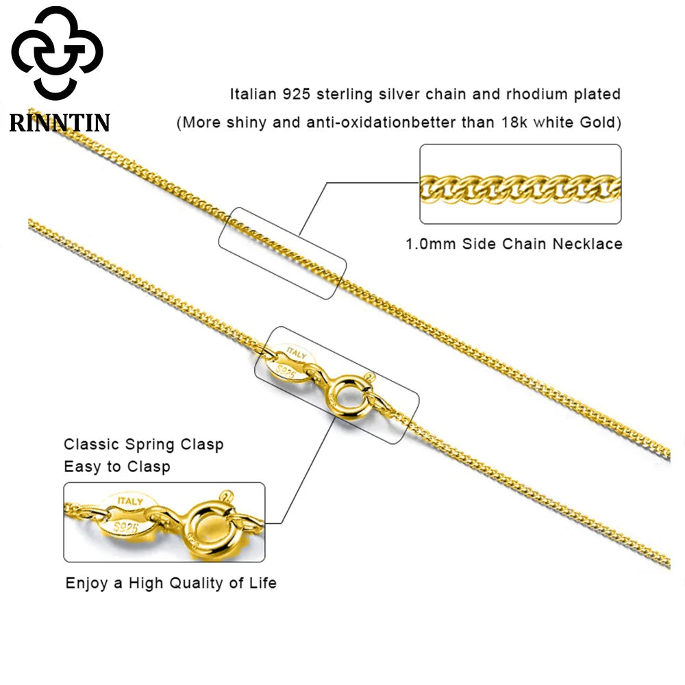 Rinntin Halskette aus massivem 925er-Sterlingsilber, 1,0 mm, seitliche Kette für Damen und Mädchen, elegante Halskette, edler Schmuck, 40/45/50/55/60 cm, SC18
