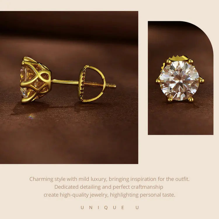 Bamoer U Gold-Moissanit-Ohrstecker, Ohrringe mit Schraubverschluss, Edelstein, Diamant, 6 Zinken, D-Farbe, Solitär für Frauen, Hochzeitsgeschenk
