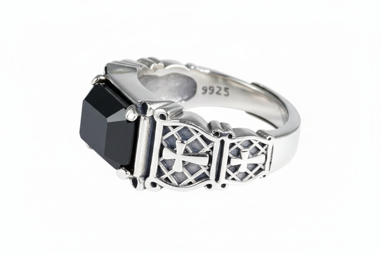 925er Silber-Siegelring mit Onyx – Christliche Kreuzgravur im Vintage-Punk-Look