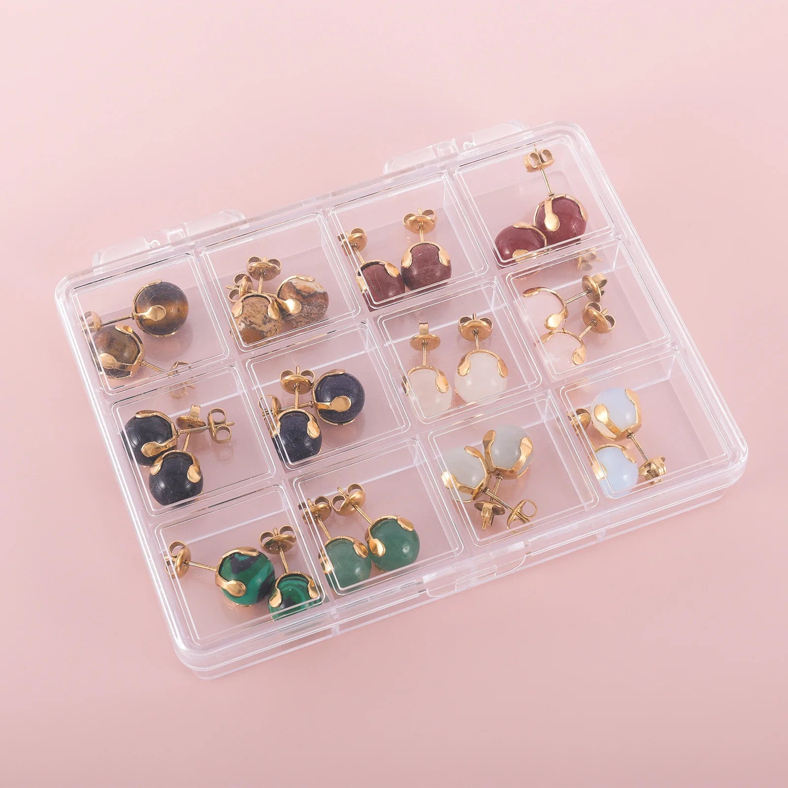 12 Paar Kugel-Ohrstecker mit natürlichen Edelsteinperlen, Ohrstecker aus Edelstahl mit Tigerauge, Rosenquarz, Achat, Onyx, Malachit-Stein