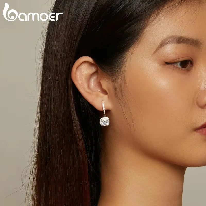 Bamoer authentische Sterling silber schillernde cz quadratische geometrische Tropfen ohrringe für Frauen 14 Karat vergoldeten Hochzeits schmuck sce520