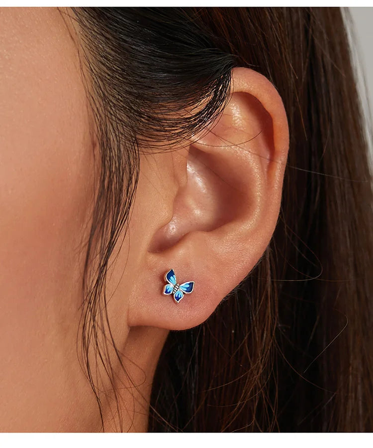 Bamoer Luxus-Ohrringe für Mädchen aus 925er-Sterlingsilber, Regenbogen-Schmetterling, niedlich, schick, lustig, Ohrstecker, Original für Damen, Party, edler Schmuck