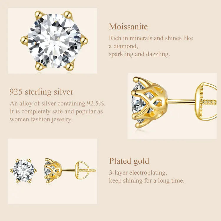 Bamoer U Gold-Moissanit-Ohrstecker, Ohrringe mit Schraubverschluss, Edelstein, Diamant, 6 Zinken, D-Farbe, Solitär für Frauen, Hochzeitsgeschenk