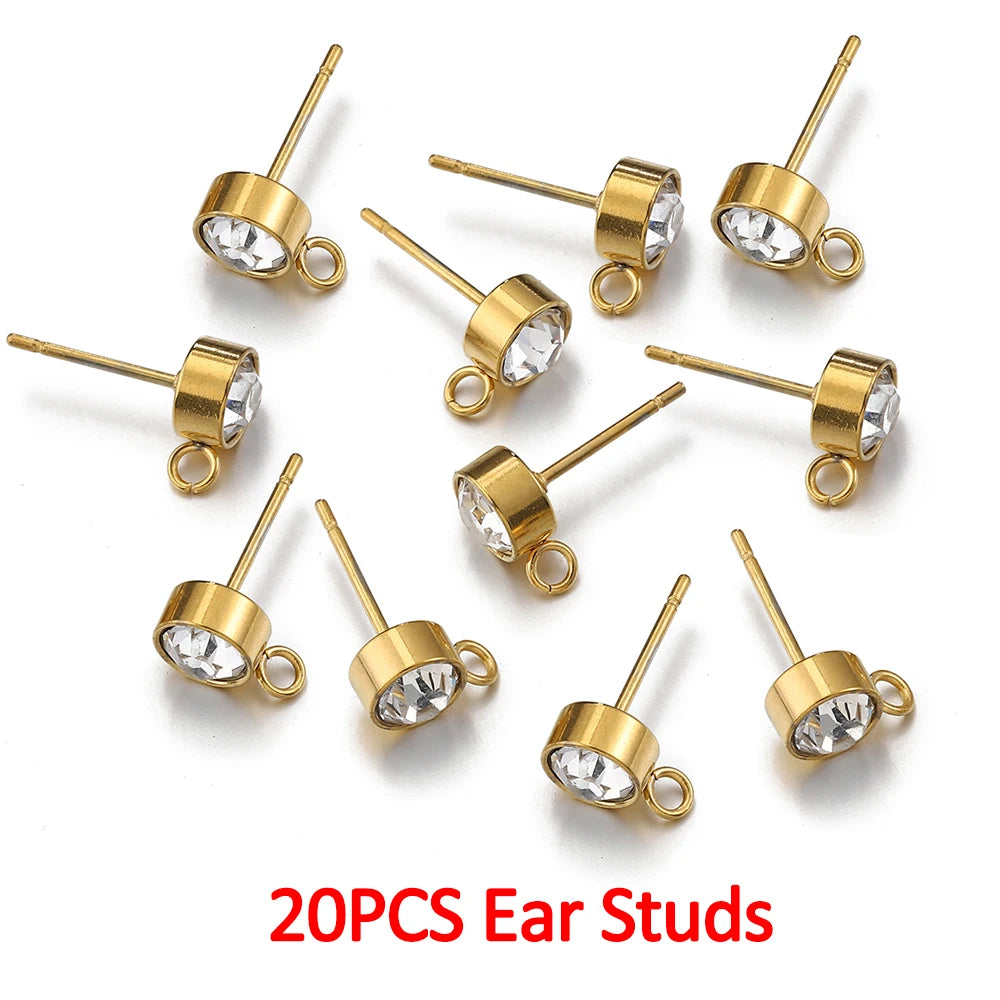 100 Stück/20 Stück Edelstahl-Strass-Ohrringpfosten, goldfarbene Ohrstecker mit Schlaufenringen, DIY-Ohrringe, Schmuckherstellungszubehör