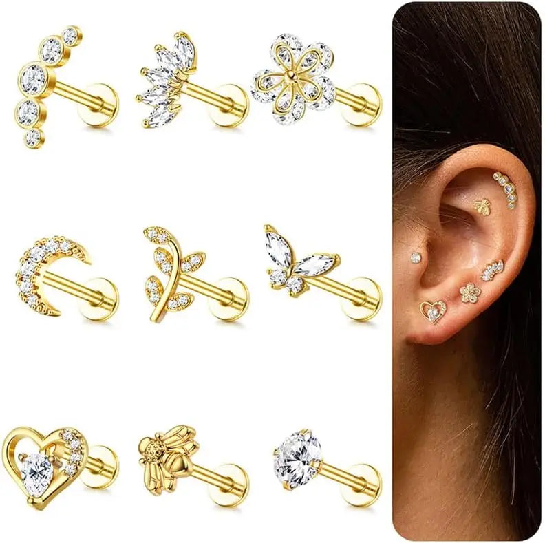 Drperfect 9-teiliges Knorpel-Ohrring-Set mit Schraubverschluss, Tragus Helix Conch, Innengewinde, Labret-CZ-Ohrringe, Piercing für Frauen