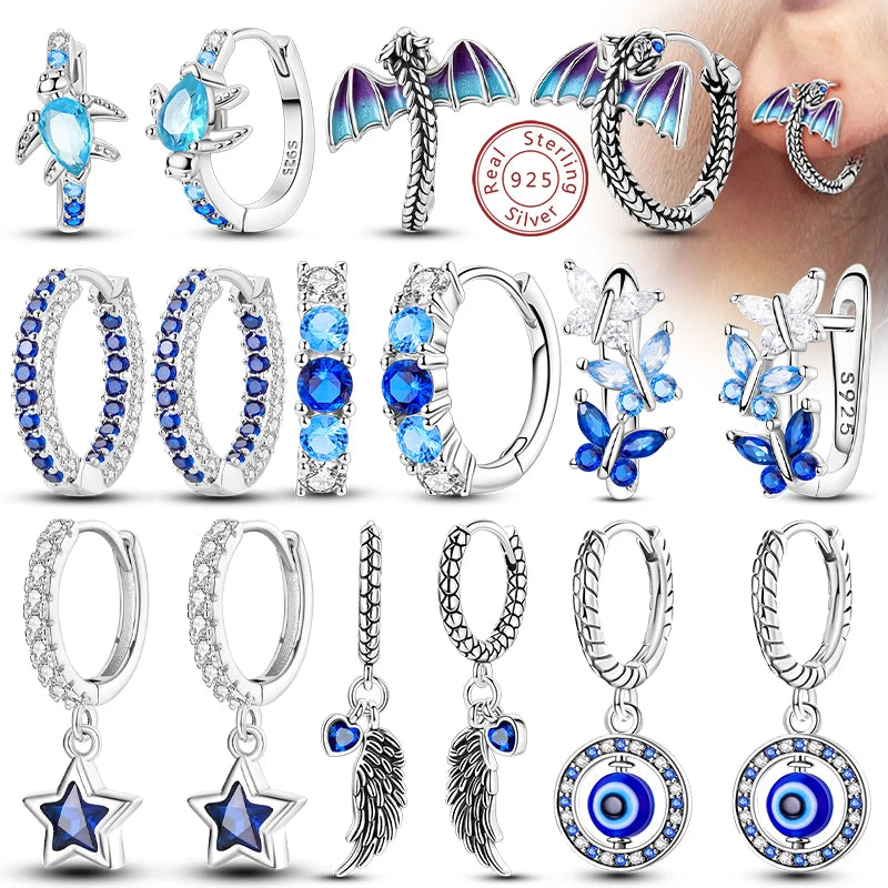 Creolen Original 925 Sterling Silber Blaues Sternenlicht Kristall Feuerdrache Schmetterling Ohrringe Für Frauen Party Hochzeit Schmuck