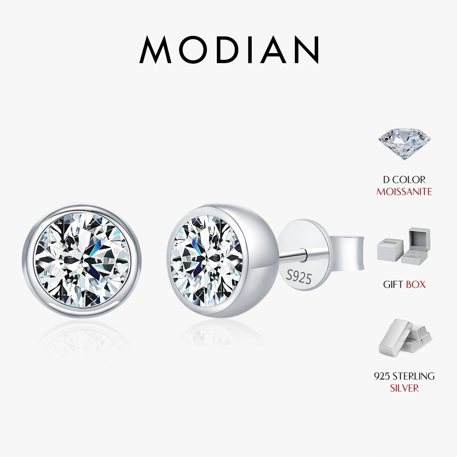 MODIAN 1CT/2CT D Farbe Lünette Moissanit Ohrringe 925 Sterling Silber Klassische Runde Stud Ohrringe Für Frauen Hochzeit Edlen schmuck