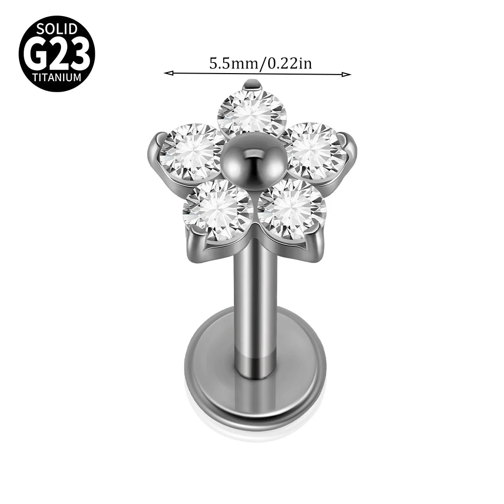 1/5PCS F-136 Implantat Titan Verschiedene Größe Blume Zirkonia Labret 16G Innengewinde Knorpel Helix Lappen Ohrring Piercing