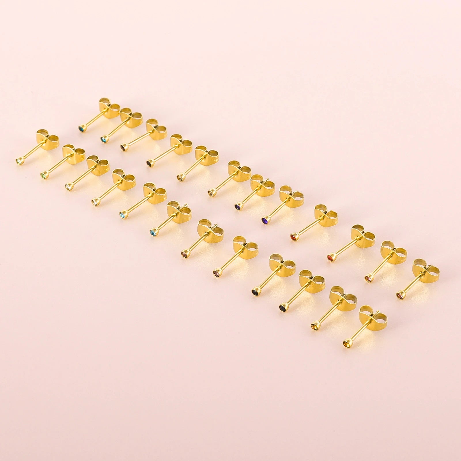 12 Paar Ohrstecker mit Geburtsstein aus chirurgischem Edelstahl mit kubischem Zirkonia, vergoldeter Herz-Stern-Ohrstecker, runder mehrfarbiger Ohrstecker