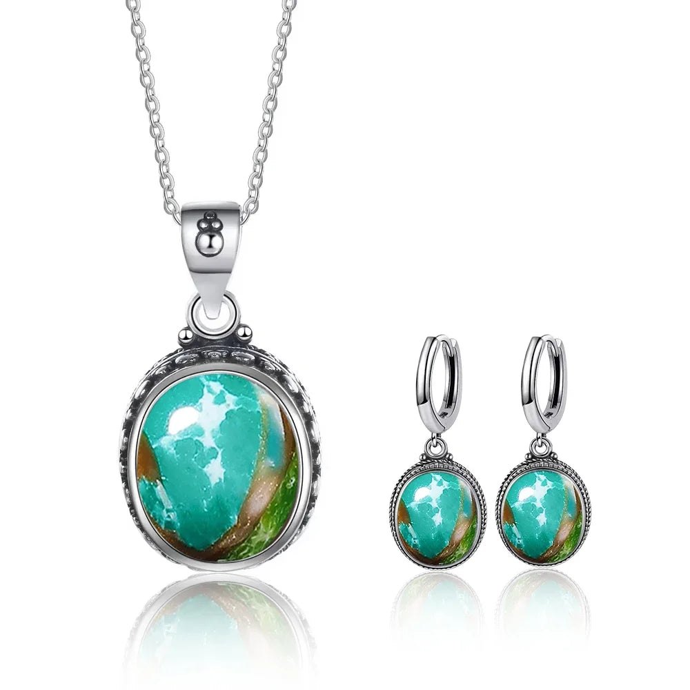 Vintage-Ohrring aus 925er-Sterlingsilber, ovaler natürlicher Kyanit-Stein, Mondstein, Labradorit, Creolen mit Halskette, Set für Frauen