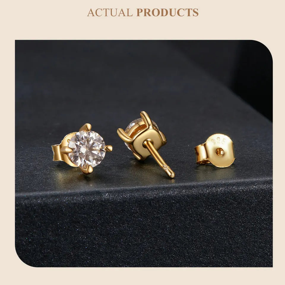 BAMOER vergoldete runde Moissanit-Ohrstecker für Damen, 925er Sterlingsilber, klassischer Verlobungs- und Hochzeitsschmuck, Geschenk MSE038