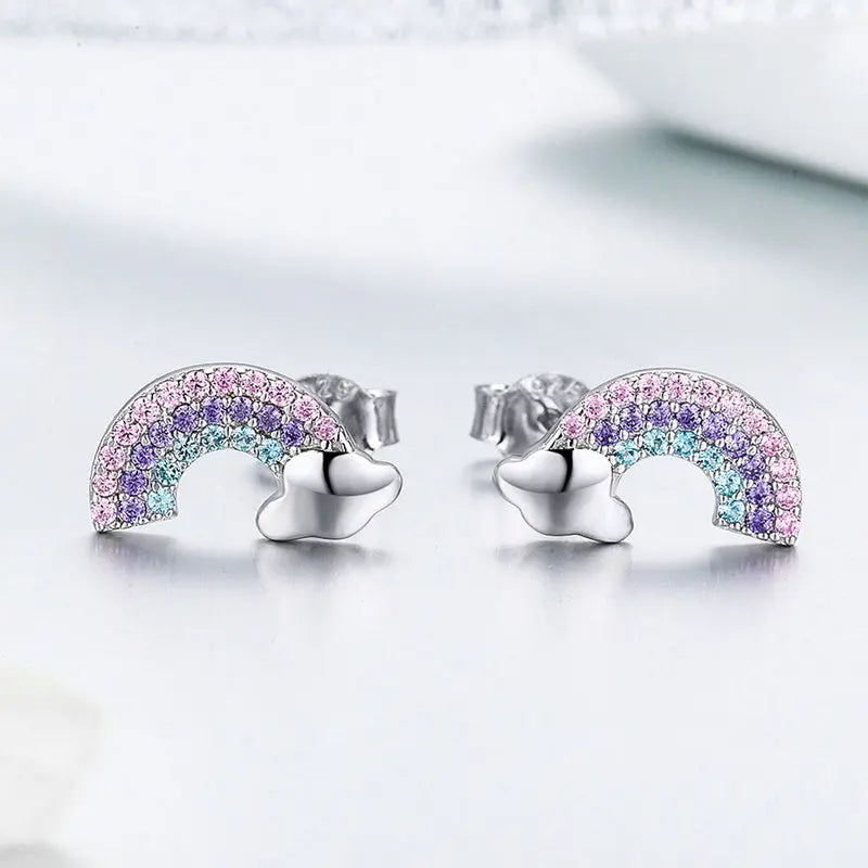 Bamoer Luxus-Ohrringe für Mädchen aus 925er-Sterlingsilber, Regenbogen-Schmetterling, niedlich, schick, lustig, Ohrstecker, Original für Damen, Party, edler Schmuck