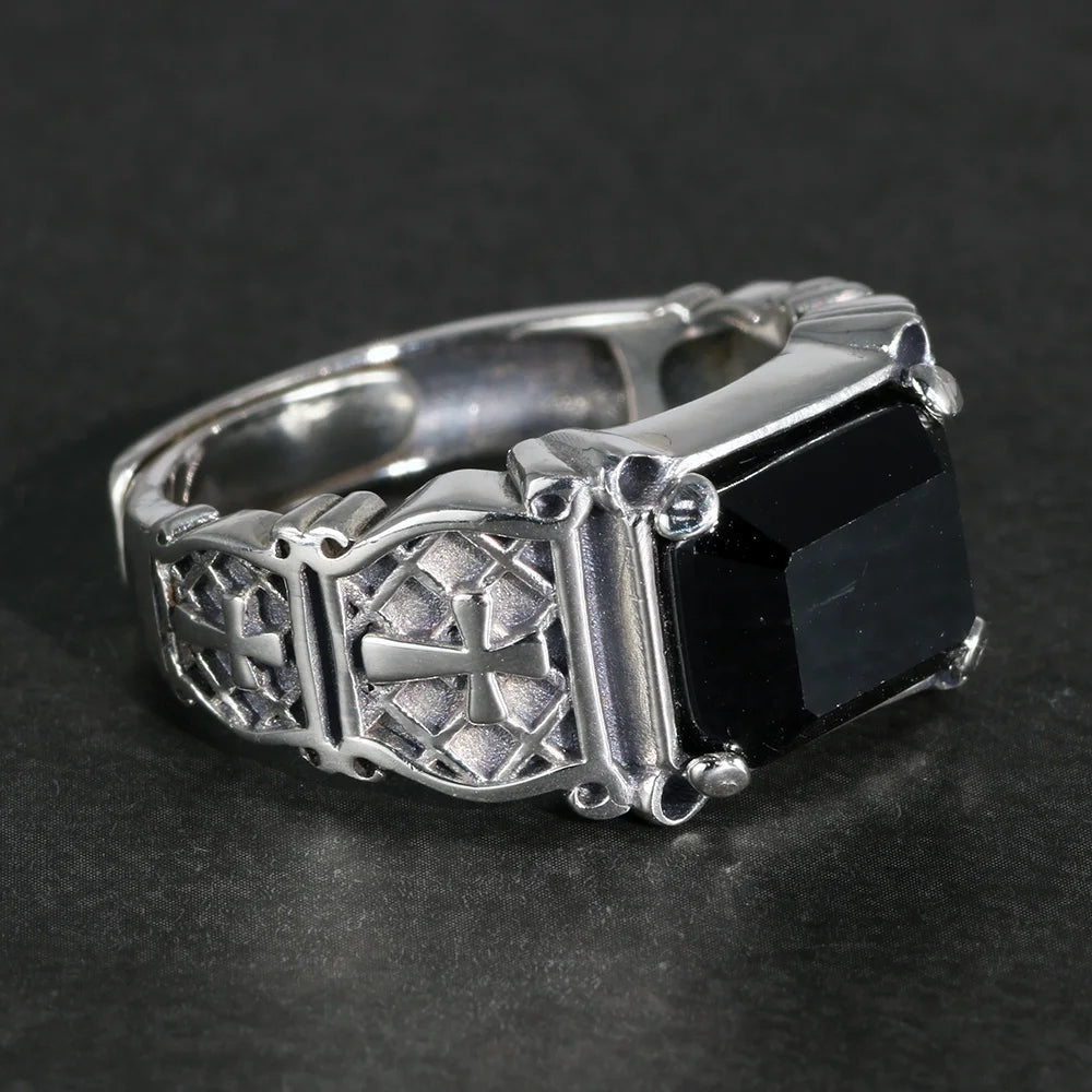 925er Silber-Siegelring mit Onyx – Christliche Kreuzgravur im Vintage-Punk-Look