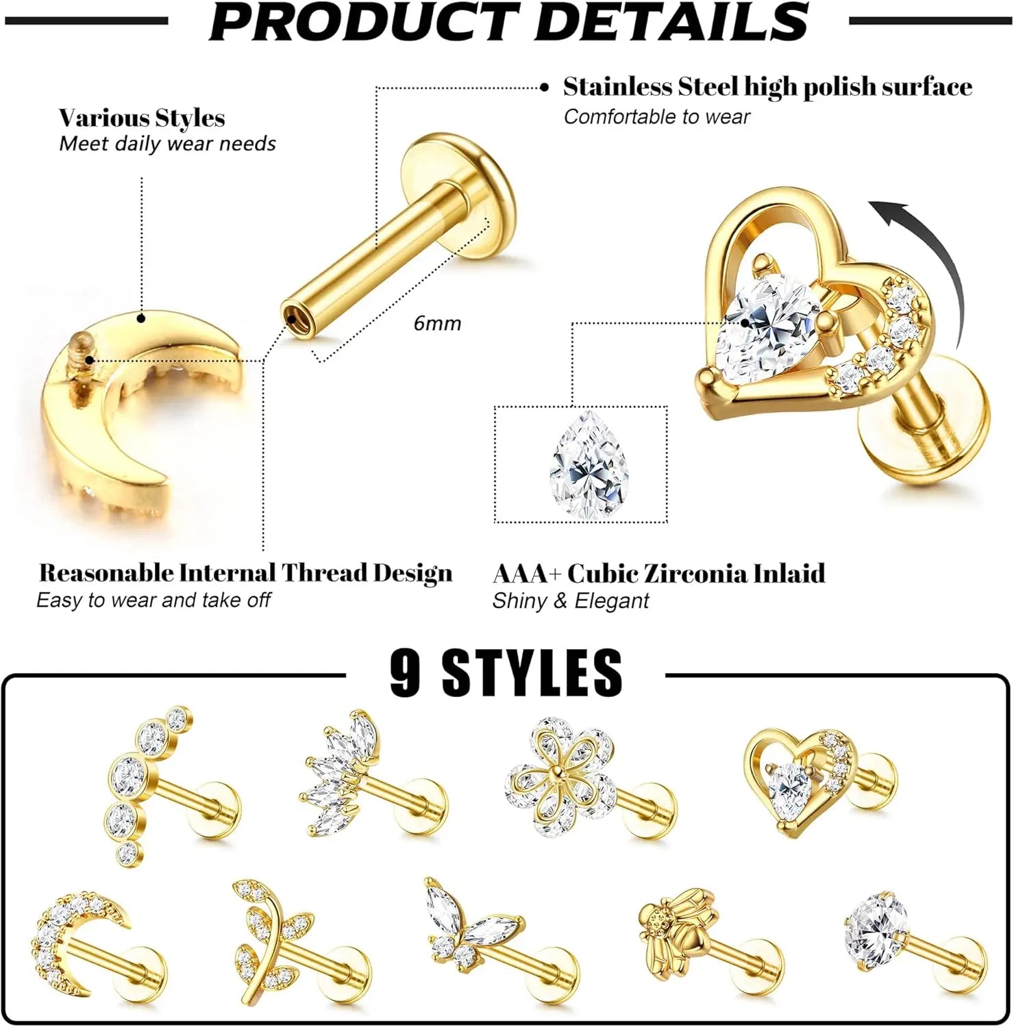 Drperfect 9-teiliges Knorpel-Ohrring-Set mit Schraubverschluss, Tragus Helix Conch, Innengewinde, Labret-CZ-Ohrringe, Piercing für Frauen
